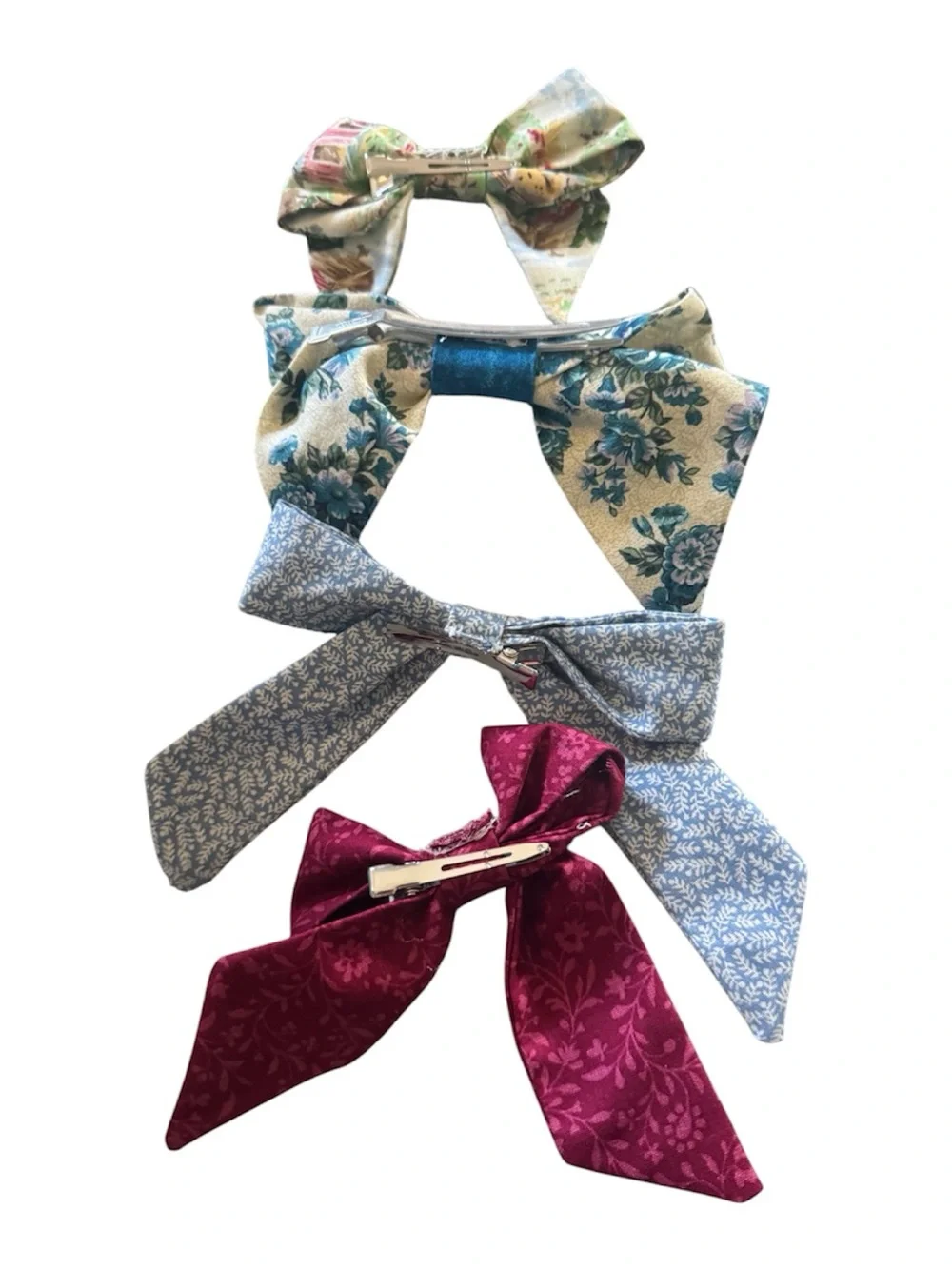 Handmade Kids Floral Fabric Bow Hair Clips - Blue, Light Blue, Cream, Pink